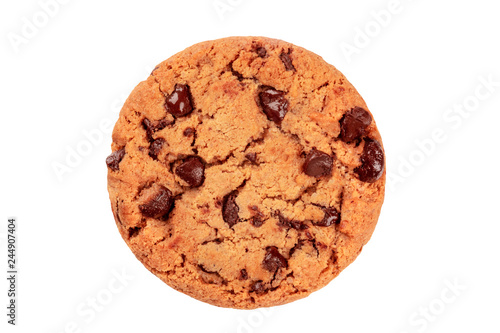 A photo of a chocolate chip cookie, isolated on a white background with a clipping path, shot from the top