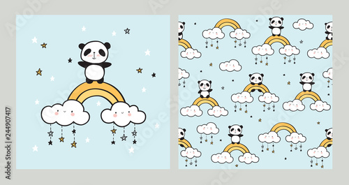 Greeting card with cute panda, gold rainbow, funny clouds and stars. Seamless pattern for children's textiles, wallpapers, gift wraps and scrapbook. Pink background. Vector.