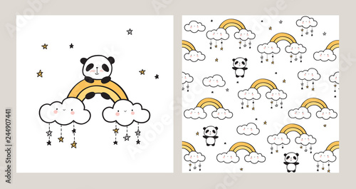 Greeting card with cute panda, gold rainbow, funny clouds and stars. Seamless pattern for children's textiles, wallpapers, gift wraps and scrapbook. Pink background. Vector.