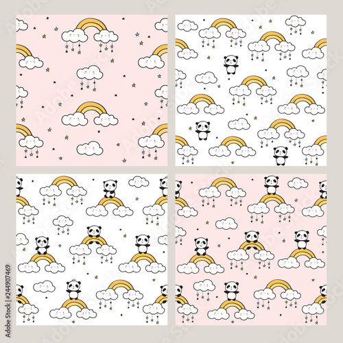 Set of seamless patterns with cute pandas, gold rainbows, funny clouds and stars for children's textiles, wallpapers, gift wraps and scrapbook. Vector.