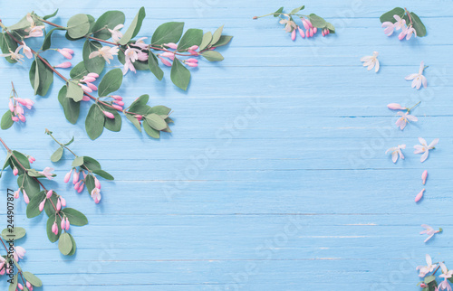 branches of  bush with pink flowers on wooden background