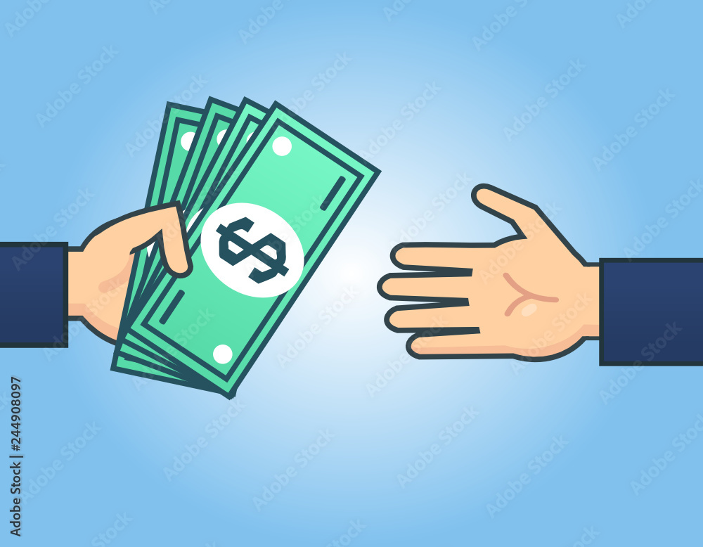 Hand gives and takes money. Pay money, return debt, bribery concept. Flat design vector illustration Hand gives and takes money. Pay money, return debt, bribery concept. Flat design vector illustration