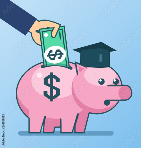 Hand puts money into piggy bank. Saving money for education concept. Flat design vector illustration