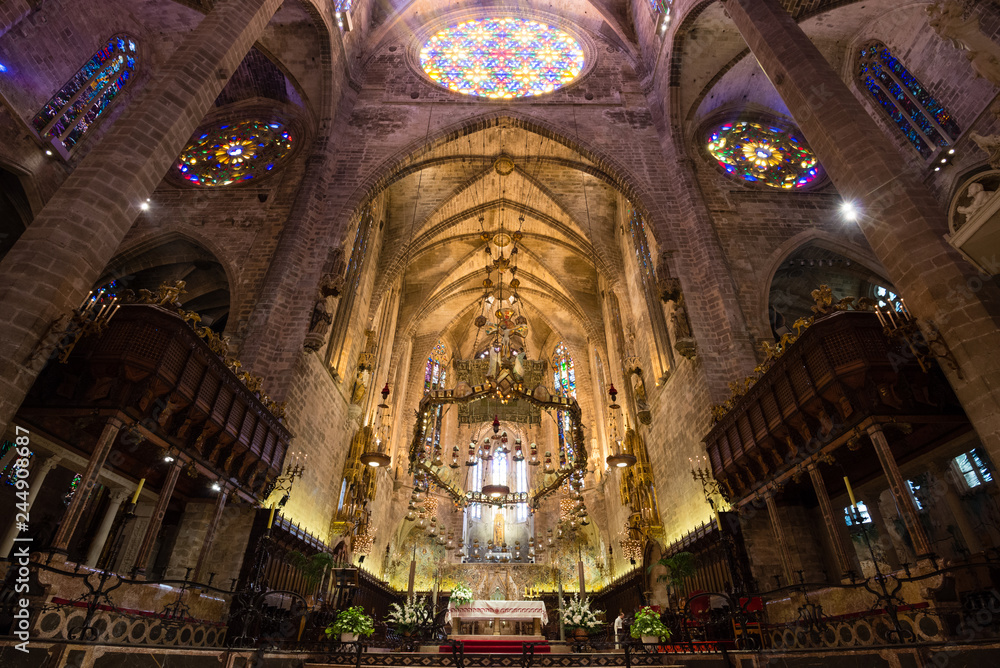 PALMA DE MALLORCA, SPAIN - SEP 30, 2018: Gothic style of interior in Cathedral of Santa Maria of Palma (La Seu) in Palma de Mallorca, Spain
