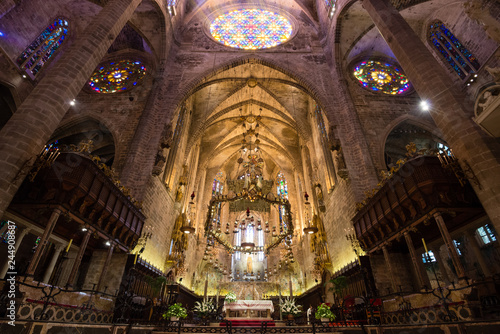 PALMA DE MALLORCA, SPAIN - SEP 30, 2018: Gothic style of interior in Cathedral of Santa Maria of Palma (La Seu) in Palma de Mallorca, Spain