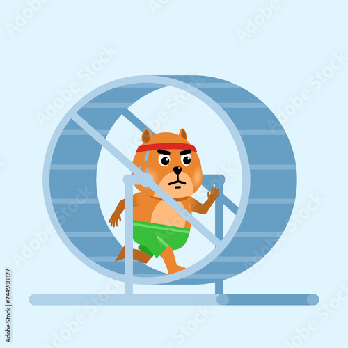 Funny hamster running in the wheel. Fitness concept, healthy life style. Flat design vector illustration