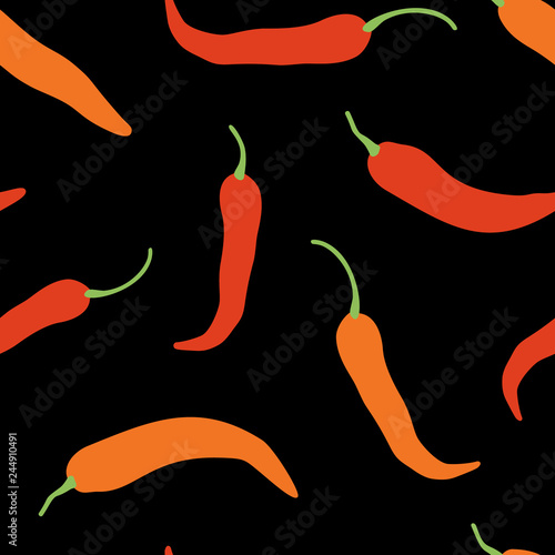 Vector chili, cayenne hot pepper background. Mexican exotic spicy seamless pattern. Hand drawing food illustration, wrap, fabric, textile