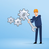 Cheerful man with wrench moves gears. Repair, technical support. Flat design vector illustration