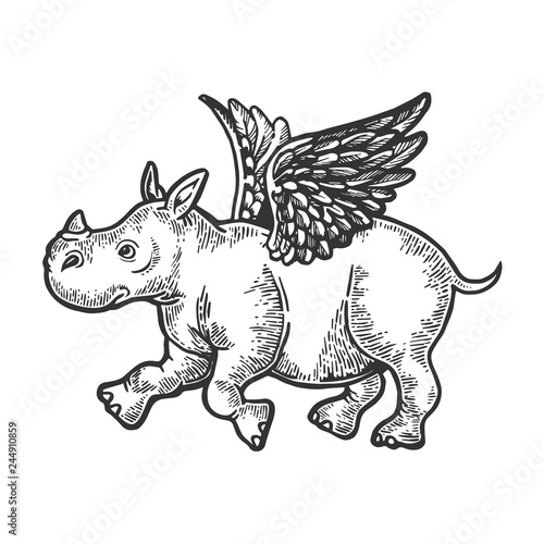 Angel flying baby little rhinoceros engraving vector illustration. Scratch board style imitation. Black and white hand drawn image.