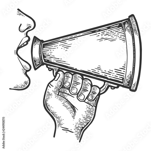 Man doing loudspeaker speech engraving vector illustration. Scratch board style imitation. Black and white hand drawn image.