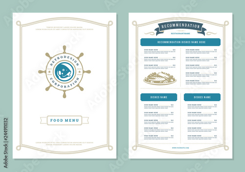 Seafood restaurant menu design and logo vector brochure template.