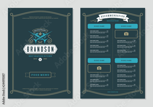 Seafood restaurant menu design and logo vector brochure template.
