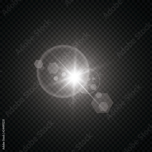 Vector transparent sunlight special lens flare light effect. Sun flash with rays and spotlight