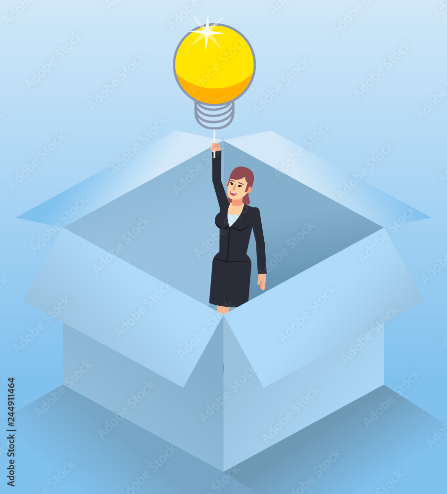 Think out of the box. Businesswoman flies out of the box on idea balloon. Flat design vector illustration Think out of the box. Businesswoman flies out of the box on idea balloon. Flat design vector illustration
