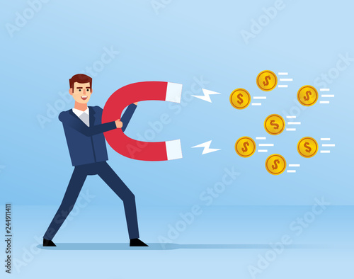 Cheerful businessman holds big magnet. Attract, magnetize money, coins. Flat design vector illustration