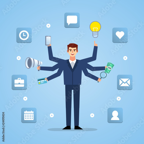 Businessman with six hands performs various actions simultaneously. Multitasking, modern businessman. Flat design vector illustration