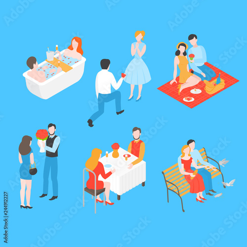 Isometric Valentine day set. Wedding proposal and relationship anniversary. Romantic date picnic in park, bath in bathroom and Love couple in cafe. Man giving gift and flower to woman