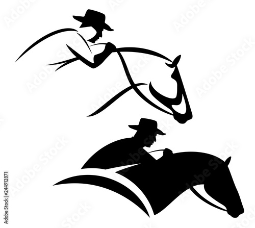 cowboy riding a horse side view black and white vector outline