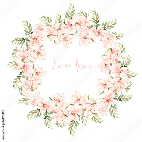 Beautiful Watercolor wreath with spring flowers and eucalyptus leaves.
