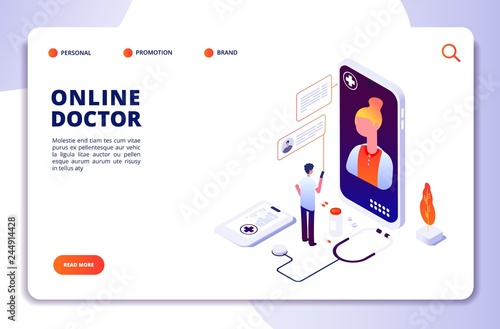 Healthcare online pharmacy isometric concept. Internet drugstore. Medical diagnosis in hospital. Doctor online vector landing page. Illustration of online doctor and healthcare app on smartphone
