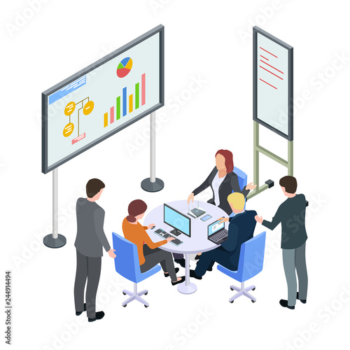 Isometric business meeting, businesspeople arguing vector illustration. Business meeting people, team businesspeople