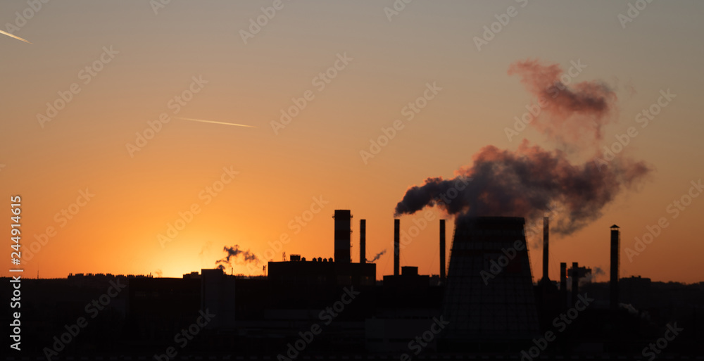 Plakat Type of industrial pipes from which smoke. Industrial waste pollutes the atmosphere of the earth