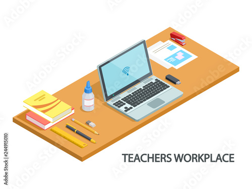 Illustration of modern teachers workplace isometric vector design. Teacher work table and workplace desk 3d