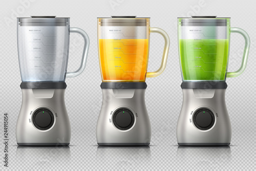 Juicer. Kitchen blender with orange and apple juice, drink mixer realistic vector isolated. Illustration of blender juicer, drink juice