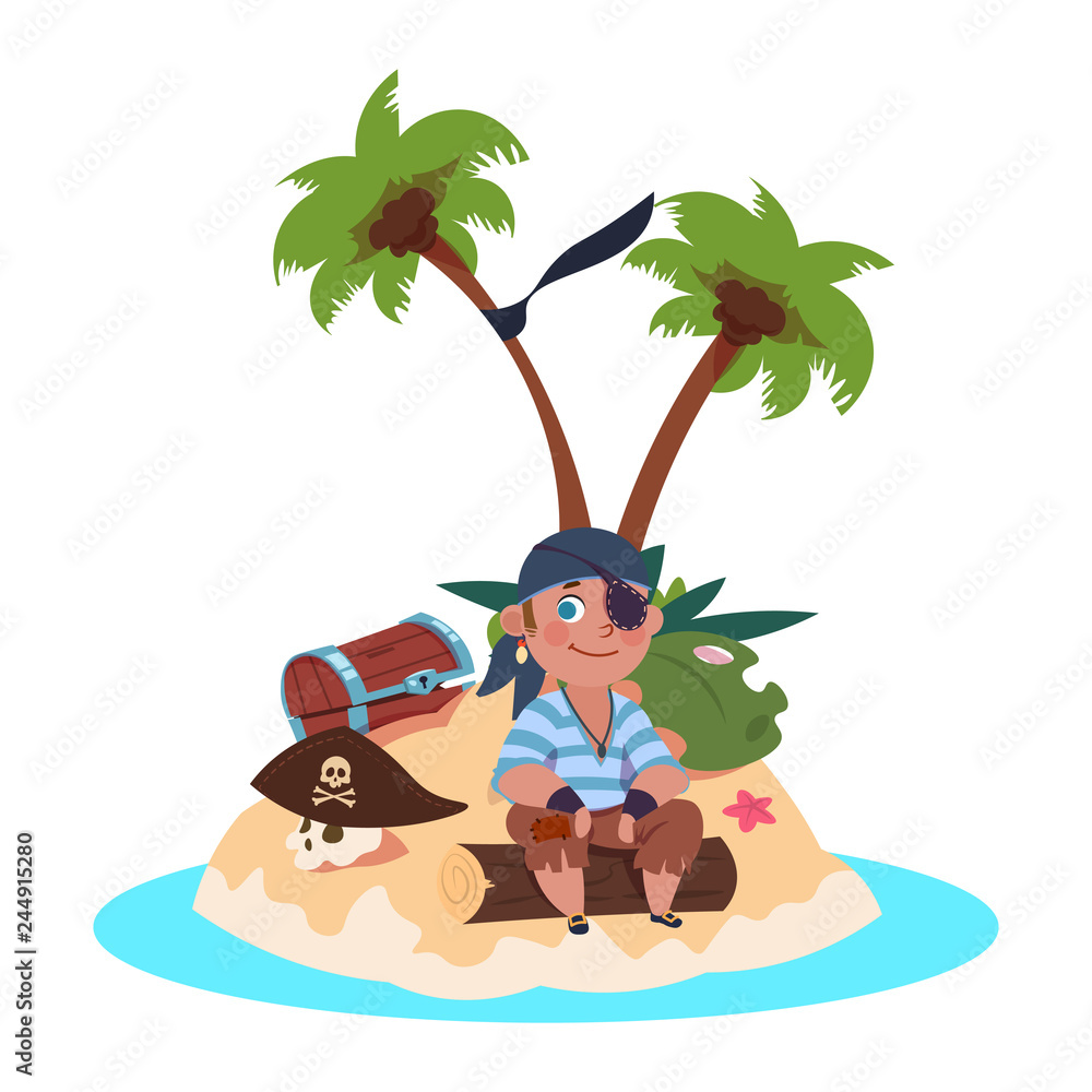 Fototapeta Chłopiec pirat siedzi na wyspie skarbów - postać z kreskówki ilustracji wektorowych. Pirat na wyspie, chłopiec ze skarbem na piaszczystej plaży
