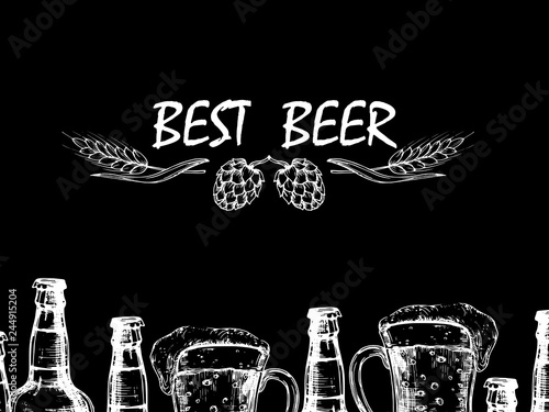 Vector retro background with doodle beer bottles and glasses. Illustration of beer drink alcohol drawing