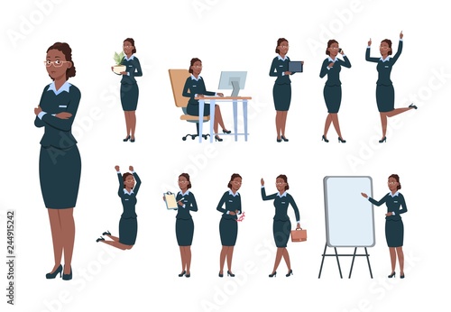 Business woman character. Afro-american office professional worker female in different poses of activity. Cartoon secretary vector set. Illustration of woman professional, businesswoman jump