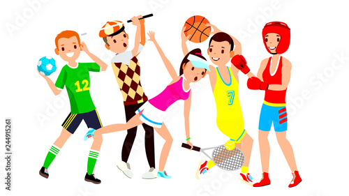 Athlete Set Vector. Man, Woman. Handball, Golf, Tennis, Basketball, Boxing. Group Of Sports People In Uniform, Apparel. Sportsman Character In Game Action. Flat Cartoon Illustration