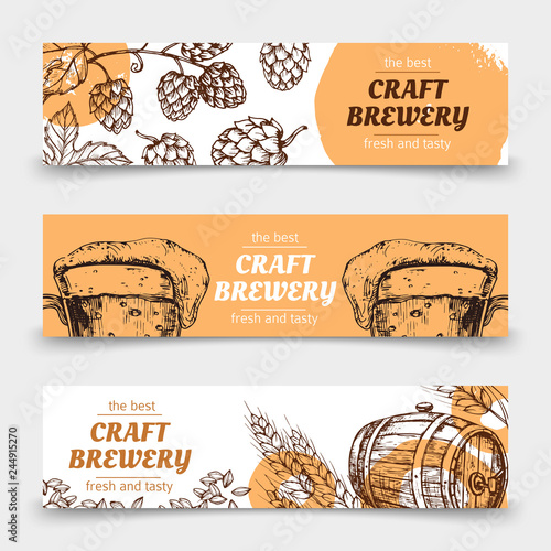 Doodle sketch brewery vintage vector banners with beer and hops. Illustration of beer brewery card, sketch alcohol beverage