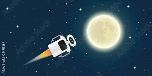 cute robot is flying to the full moon in space vector illustration EPS10