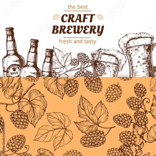 Craft brewery banner template with hand drawn hops and beer. Illustration of brewery beer alcohol, poster oktoberfest vintage