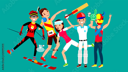Athlete Set Vector. Man, Woman. Skiing, Athletics, Tennis, Baseball, Fan. Group Of Sports People In Uniform, Apparel. Sportsman Character In Game Action. Flat Cartoon Illustration