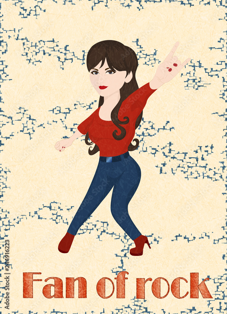 Girl rocker doing rock sign on yellow background with scratched texture, grunge. Fan of rock, rock'n'roll. Long brown hair. Flat style, vector with noise, marble textured backdrop. Isolated. Girl rocker doing rock sign on yellow background with scratched texture, grunge. Fan of rock, rock'n'roll. Long brown hair. Flat style, vector with noise, marble textured backdrop. Isolated.