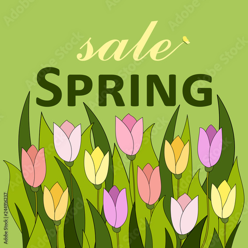 Spring Save greeting card. Hand drawn vector illustration with spring flowers Tulip.