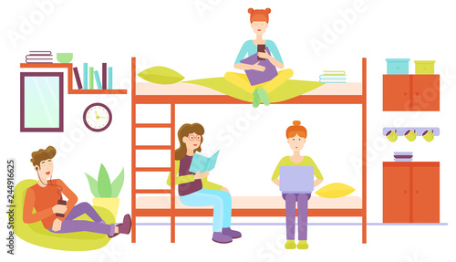 Dormitory room with man and three woman sharing bedroom. Friends studyng at home together flat vector illustration. © lembergvector