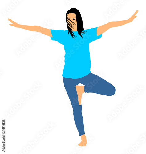 Woman exercises yoga, Yoga pose vector  illustration isolated on white background. Young woman morning practice in gym. Ballet girl pose.Work out, worming up, spirit exercise.