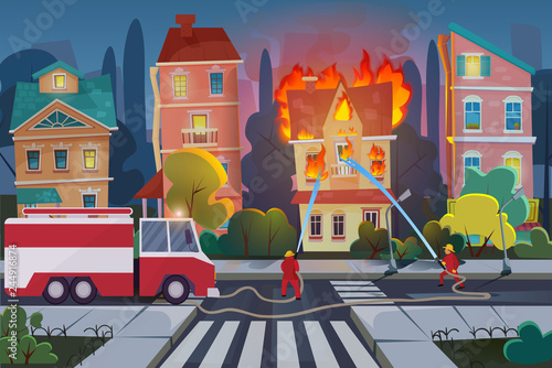 Firefighters with engine fire truck extinguish civil house in town. Natural Disaster concept cartoon vector illustration.
