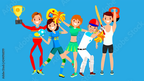 Athlete Set Vector. Man, Woman. Handball, Cheerleader, Baseball, Fitness Man. Group Of Sports People In Uniform, Apparel. Sportsman Character In Game Action. Flat Cartoon Illustration