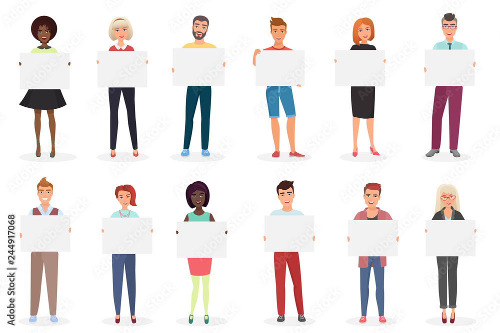 Happy smiling young men and women people holding clean empty placards, cards, posters, boards vector illustration.