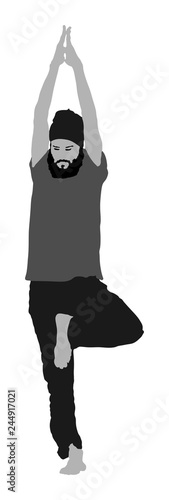 Sport man exercises yoga. Yoga pose vector illustration isolated. Active boy in gym stretching and worming up. Health care activity. Lying down exercise in rehabilitation center. Medical treatment.