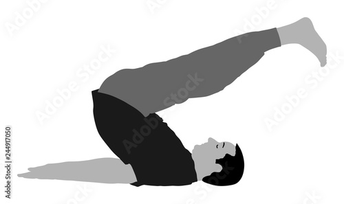 Sport man exercises yoga. Yoga pose vector illustration isolated. Active boy in gym stretching and worming up. Health care activity. Lying down exercise in rehabilitation center. Medical treatment.