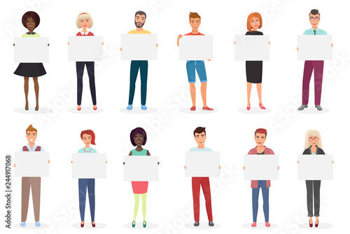 Happy smiling young men and women people holding clean empty placards, cards, posters, boards vector illustration.