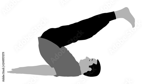 Sport man exercises yoga. Yoga pose vector illustration isolated. Active boy in gym stretching and worming up. Health care activity. Lying down exercise in rehabilitation center. Medical treatment.