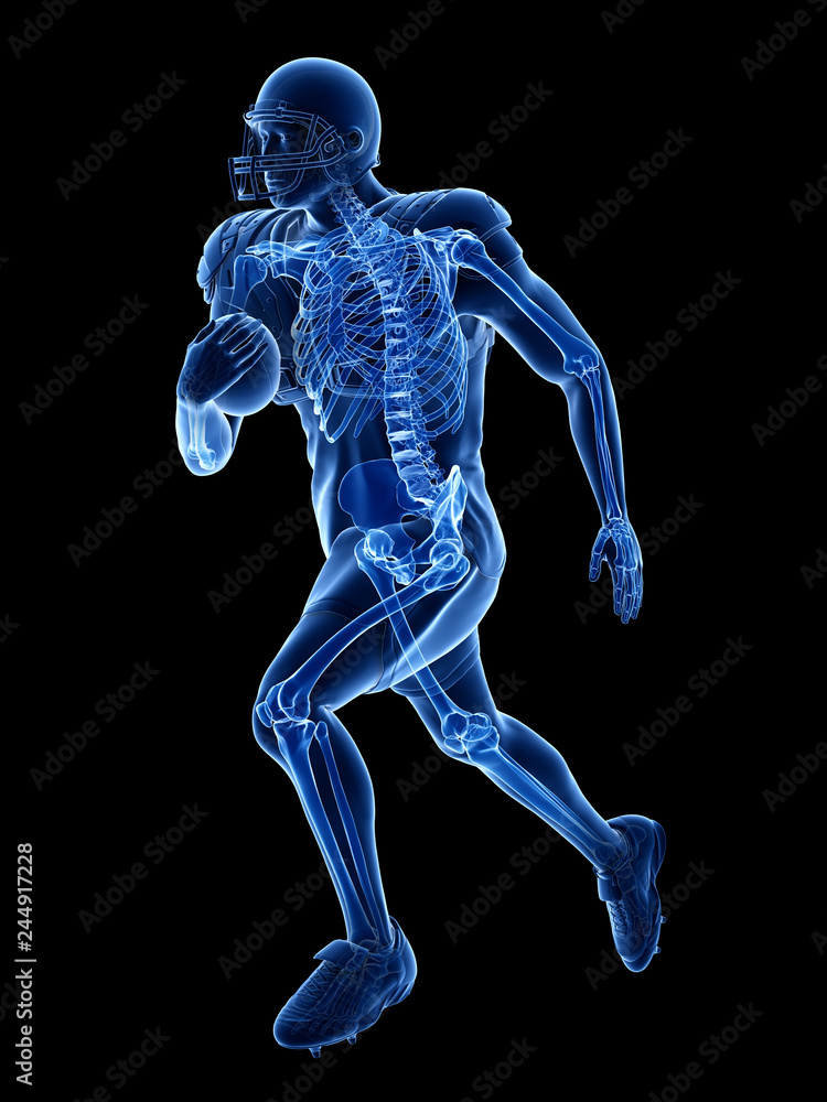 3d rendered medically accurate illustration of the skeleton of an american football player