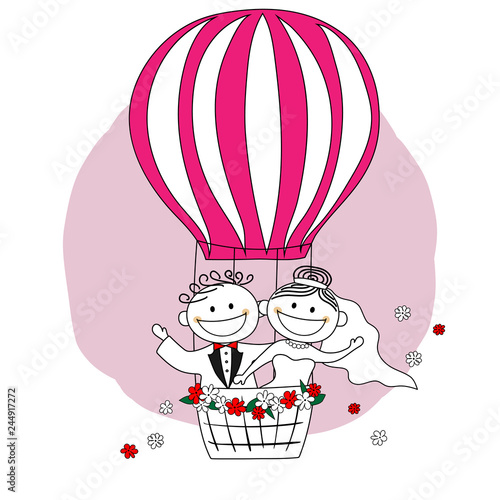 Just married. Bride and groom on hot air balloon cartoon – Vector illustration