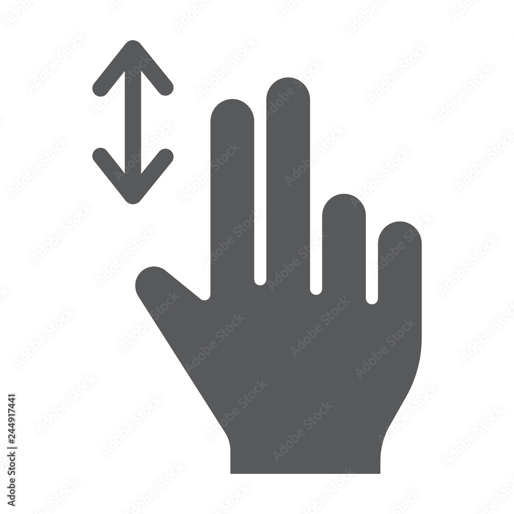 Two finger vertical scroll glyph icon, gesture and hand, press sign, vector graphics, a solid pattern on a white background. Two finger vertical scroll glyph icon, gesture and hand, press sign, vector graphics, a solid pattern on a white background.